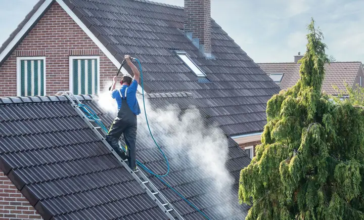 A worker washing algae off a dark shingle roof from a ladder